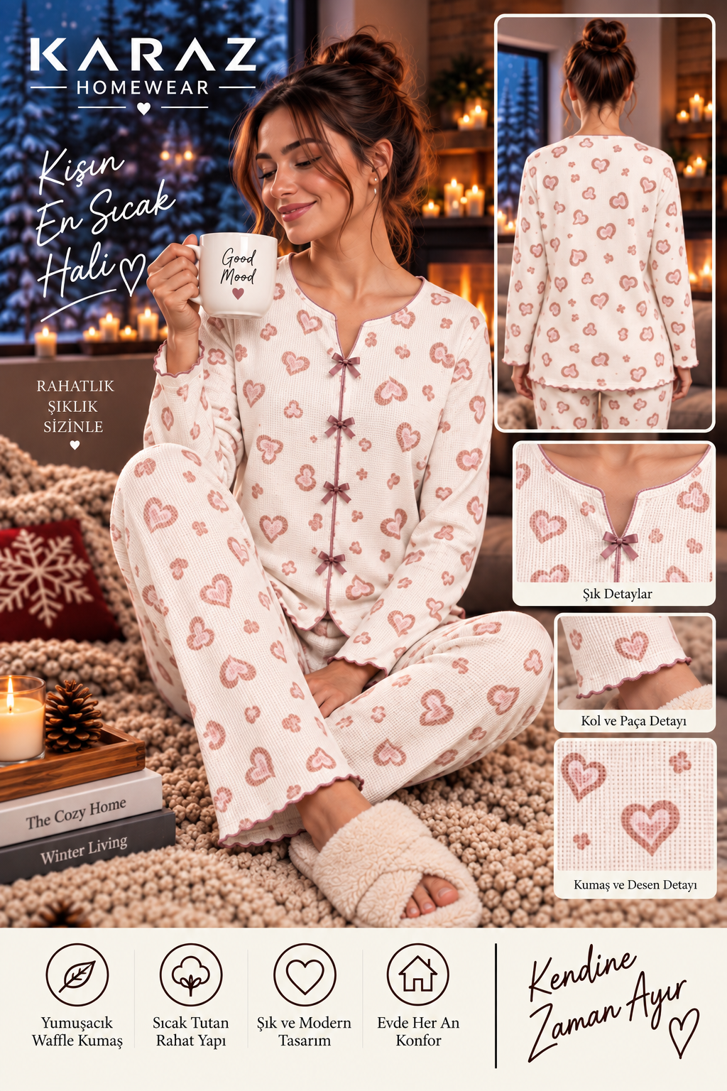 Waffle Pijama Takımı Fiyonklu Leopar Kalpli
