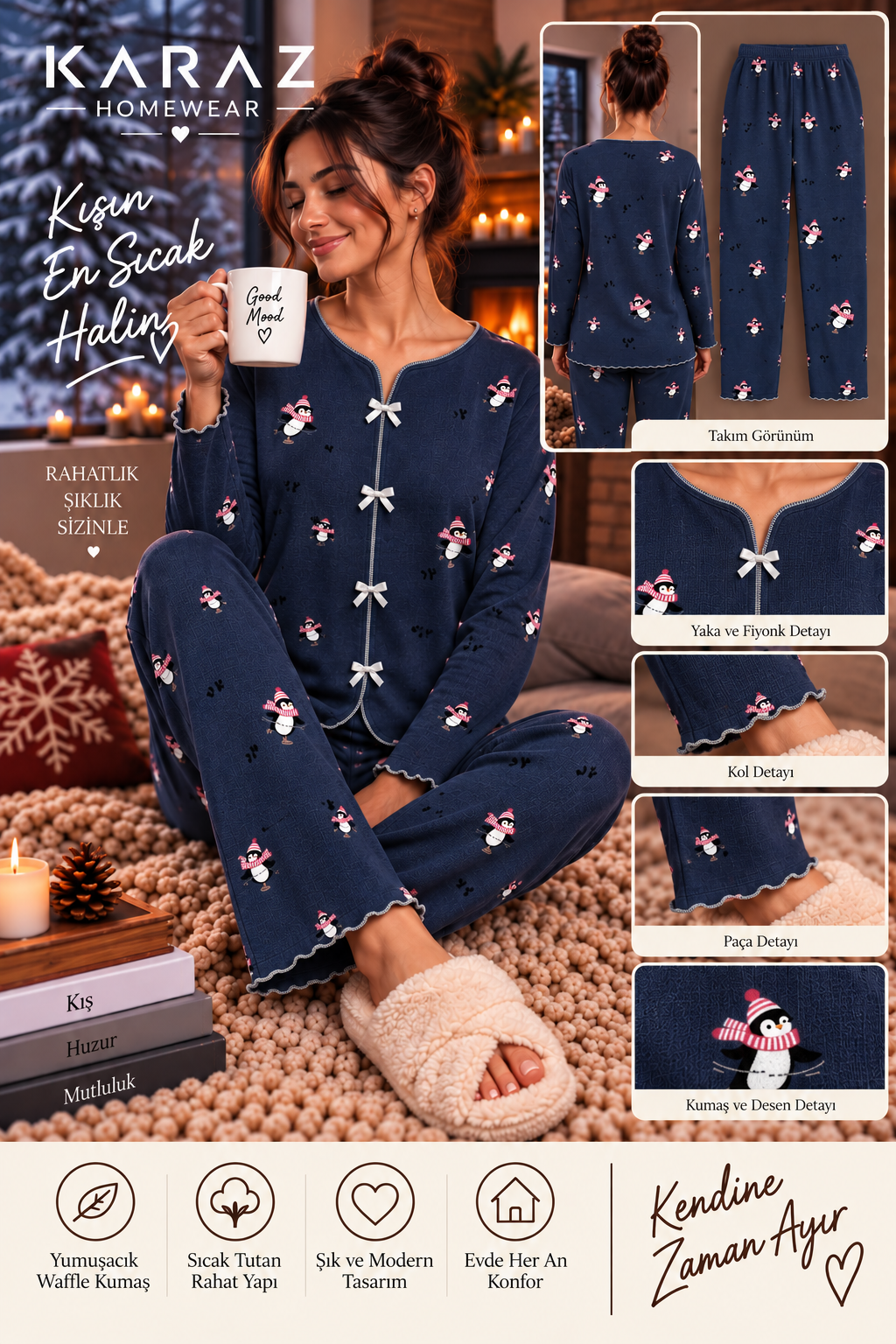 Waffle Pijama Takımı Fiyonklu  Penguen Desen