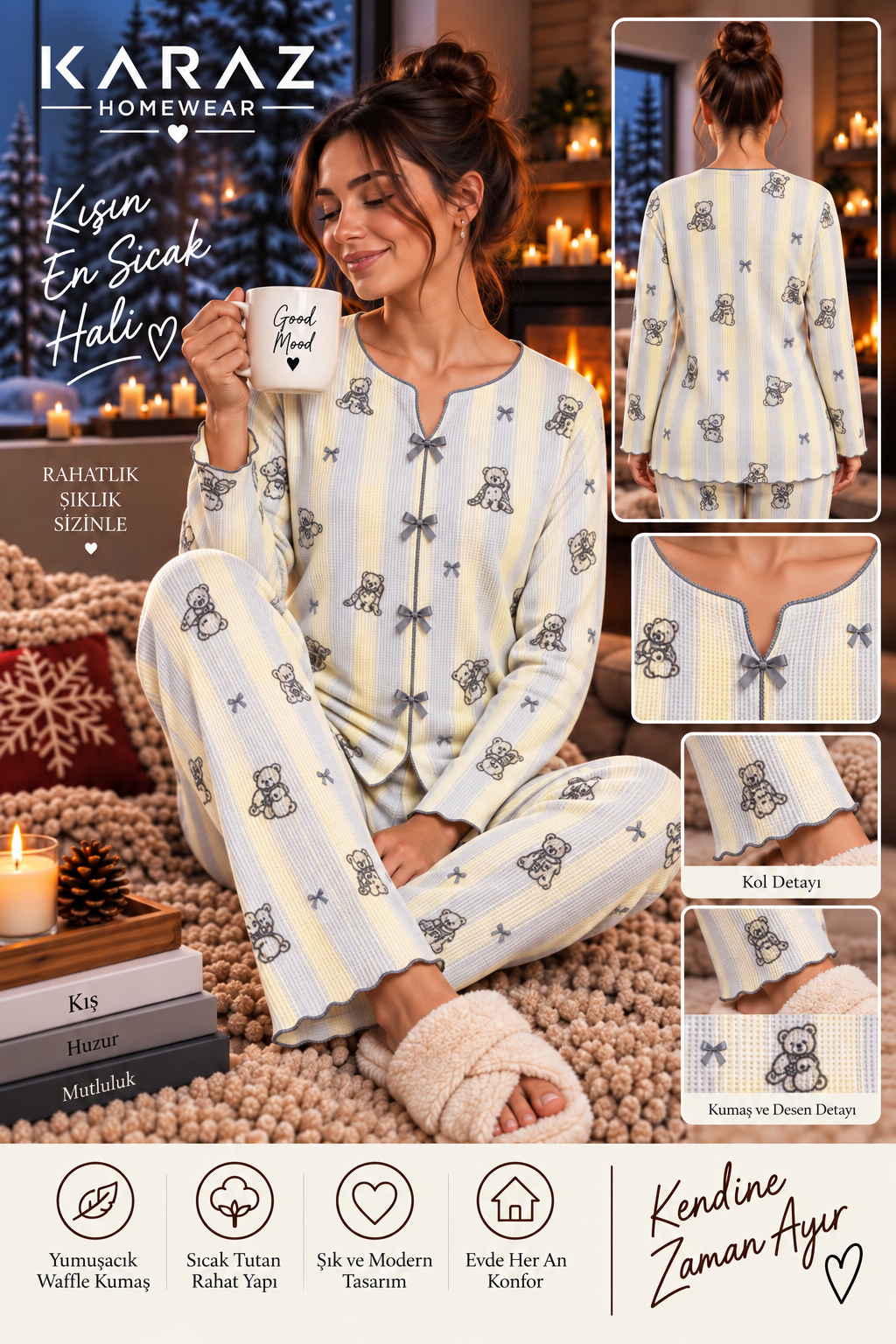 Waffle Pijama Takımı Fiyonklu Şeritli Ayıcık