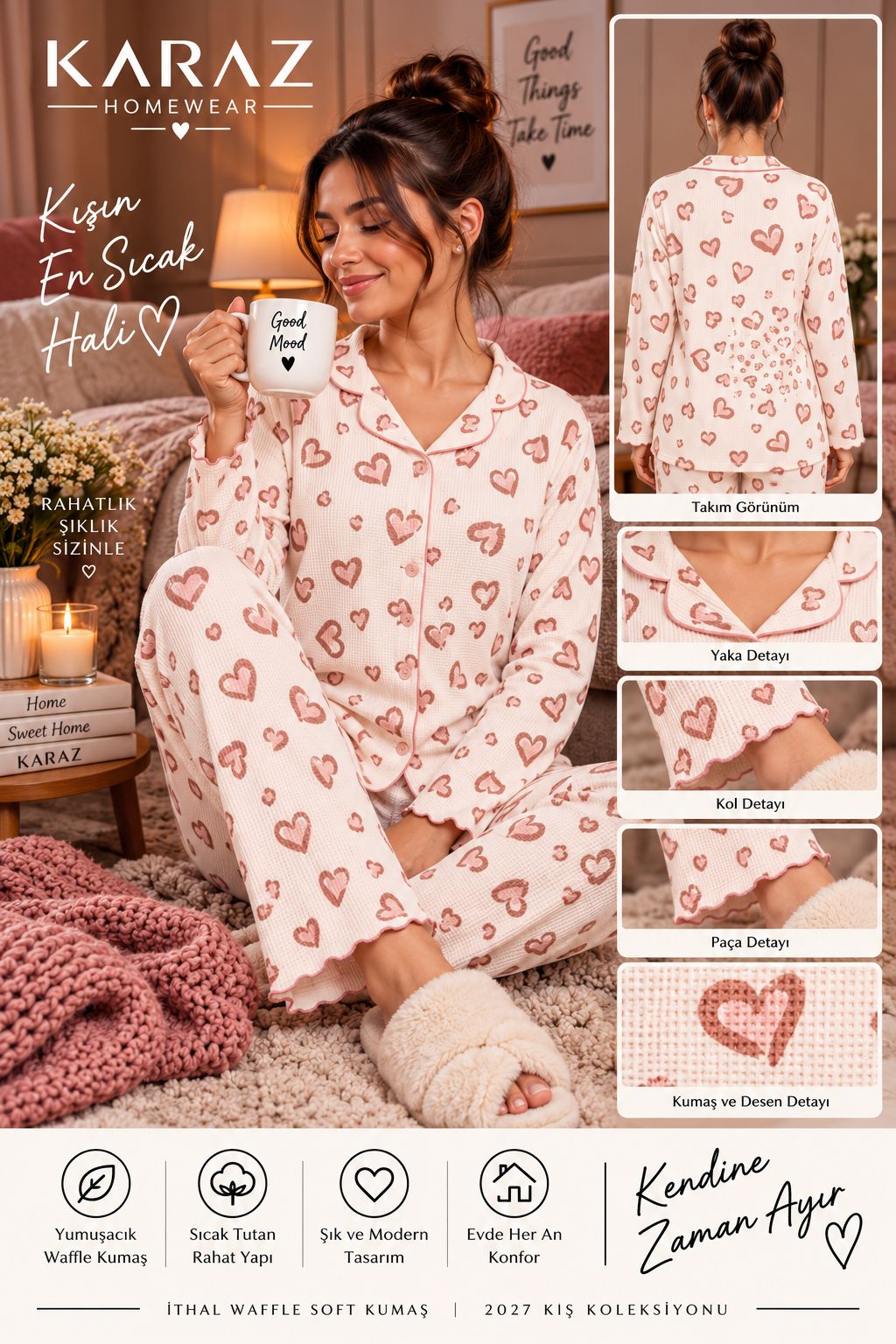 Waffle Pijama Takımı Kalp Desen Leopar