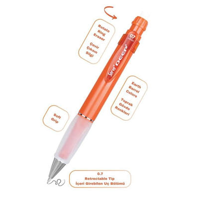Serve Deep Toprak Tonları Serisi 0.7 mm Kalem Grip & Silgi Yedekli Set – Kiremit Versatil Kalem Seti