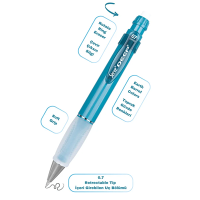 Serve Deep Versatil Kalem 07mm- Toprak Tonları - Yedekli Set (Grip ve Silgi) Mavi