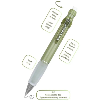 Serve Deep Mekanik Kurşun Kalem 07mm ve Silgi Yedekli Set Yaprak Yeşili 