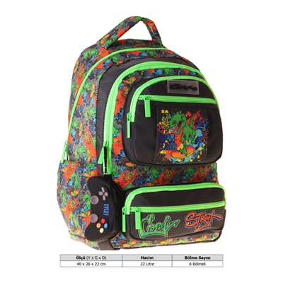 Kaukko Kids Erkek Çocuk Street Dinazor Baskılı (Street) Altı Bölmeli Ilkokul Sırt Çantası - L5414