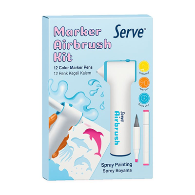 Serve Marker Airbrush Kit 12 Renk Keçeli Kalem 9000