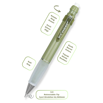 Serve Deep Versatil Kalem 05mm- Toprak Tonları - Yedekli Set (Grip ve Silgi) Yeşil