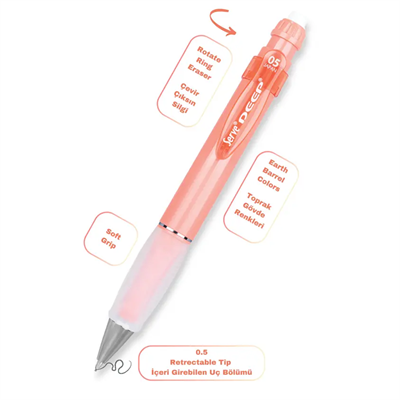 Serve Deep Versatil Kalem 05mm- Toprak Tonları - Yedekli Set (Grip ve Silgi) Pembe