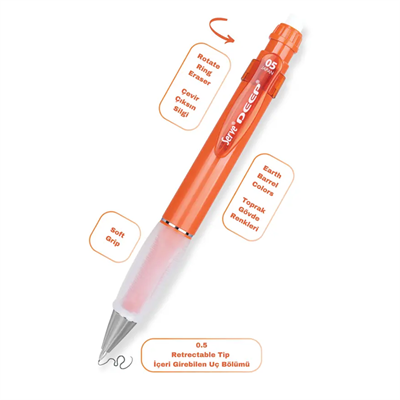 Serve Deep Versatil Kalem 05mm- Toprak Tonları - Yedekli Set (Grip ve Silgi) Turuncu