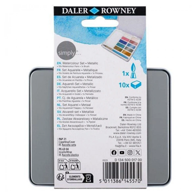 Daler Rowney Sımply Watercolor Sulu Boya Seti Metalik Renkler 10Lu (10 Renk+1 Ad Fırça) Teneke Kutu
