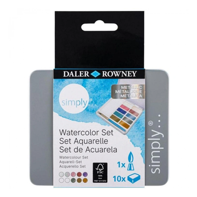 Daler Rowney Sımply Watercolor Sulu Boya Seti Metalik Renkler 10Lu (10 Renk+1 Ad Fırça) Teneke Kutu