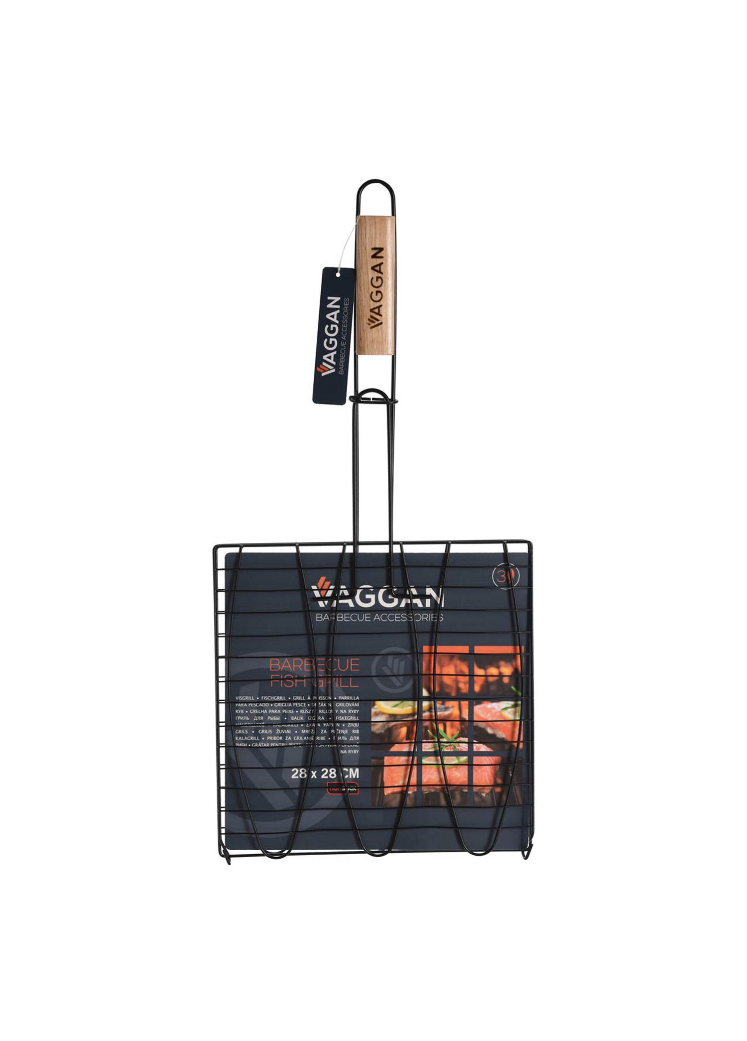 Barbeku Balık Izgarası Kare Ahşap Sap Siyah Paslanmaz Çelik 28*28cm