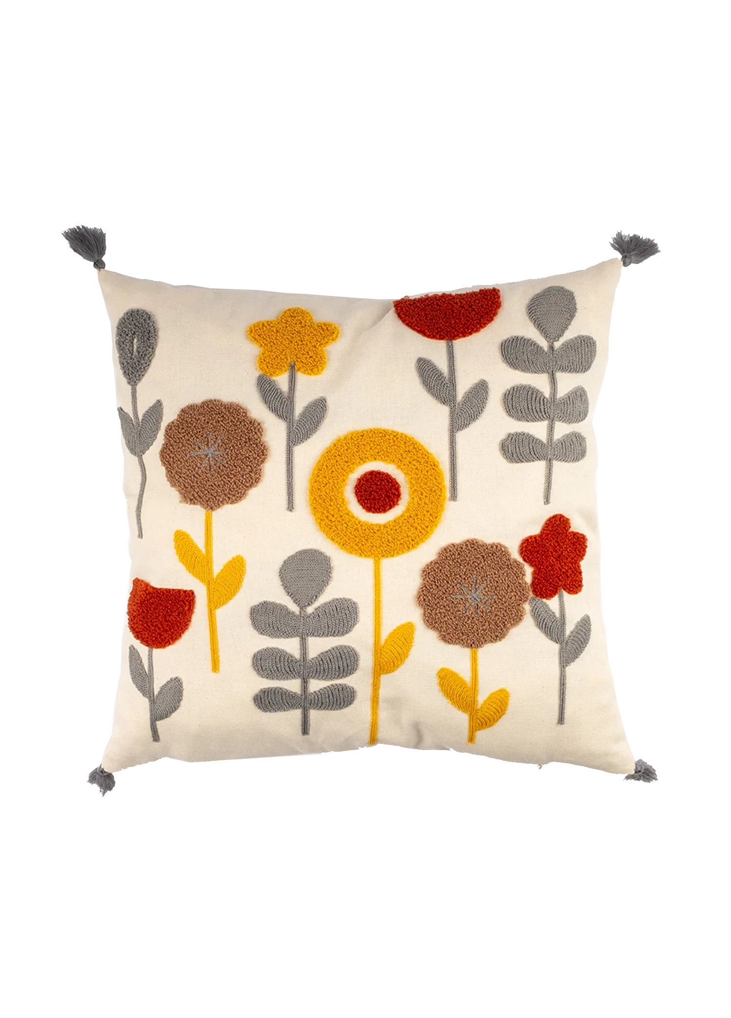 Punch Nakışlı Yollara Serilmiş Çiçek Motifli Kırlent Kılıfı Gri (İç Dolgusuz) 42x42