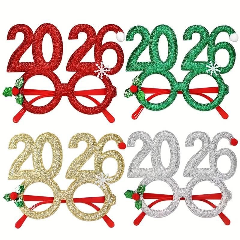 2026 Parti Gözlükleri – Kırmızı & Yeşil Çizgili Çerçeve, Kar Tanesi Detaylı Dayanıklı Plastik Eğlenceli Parti Aksesuarı