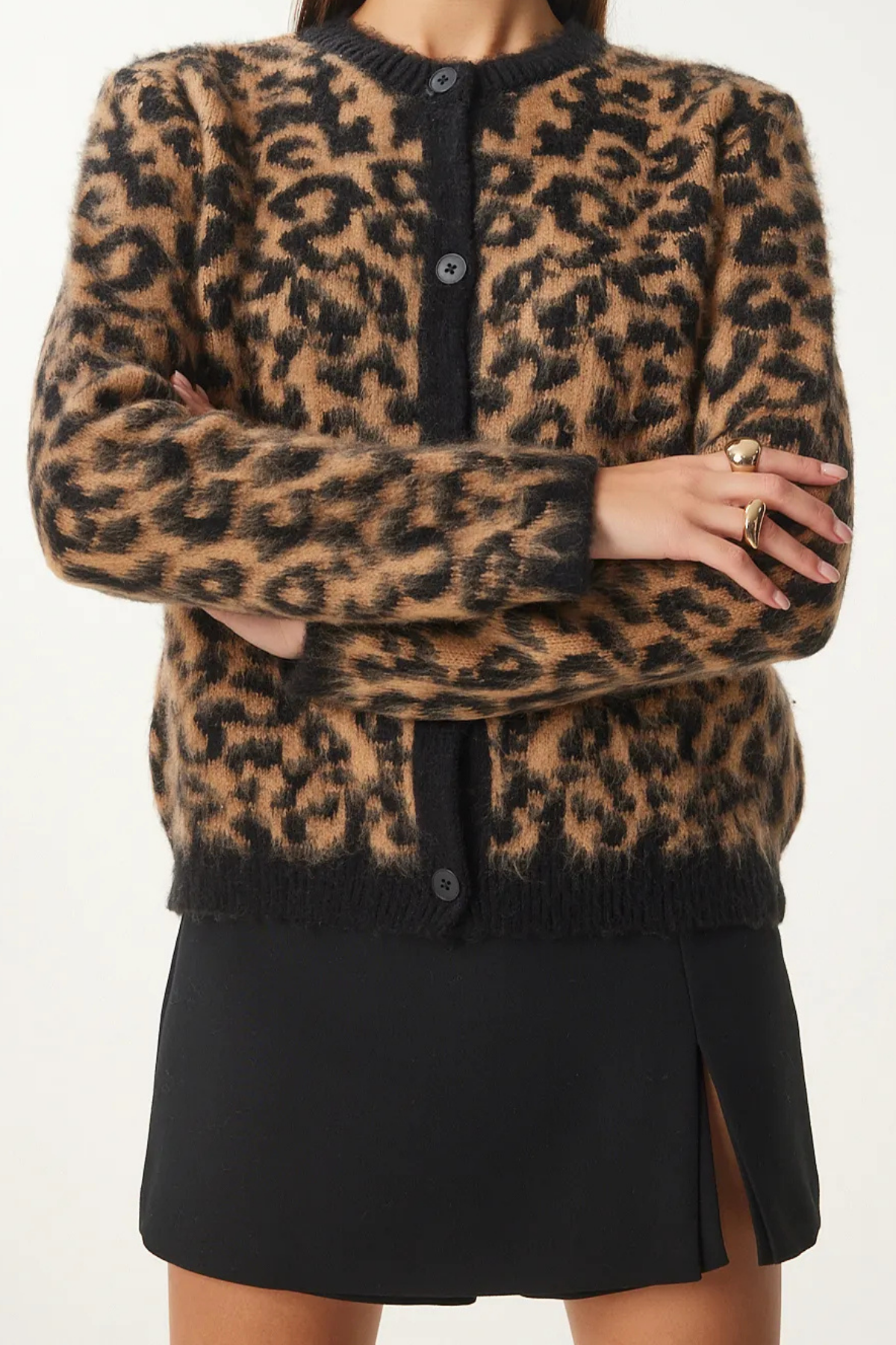 Kadın Şardonlu Leopar Desenli Kısa Sakallı Triko Hırka