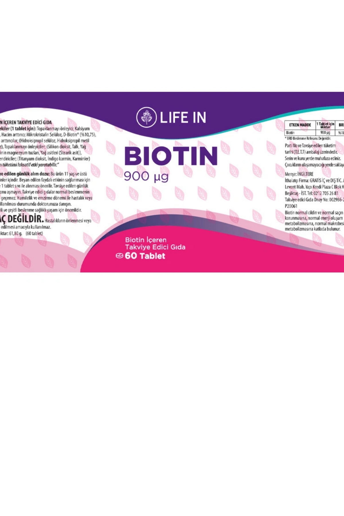 Life In Biotin Tablet – Saç, Cilt ve Tırnak Sağlığına Destek, 5000 mcg Biotin, 30 Tablet