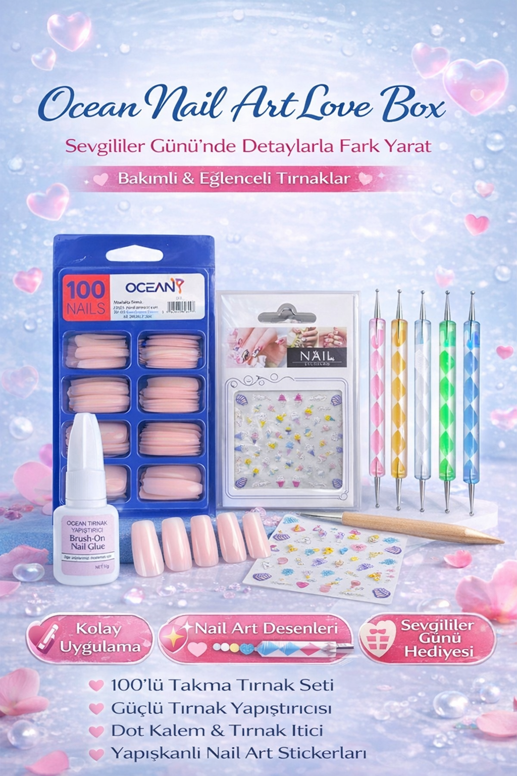Ocean Nail Art Love Box Sevgililer Günü Tırnak Tasarım Seti – Takma Tırnak, Nail Art & Yapıştırıcı (5'li Set)