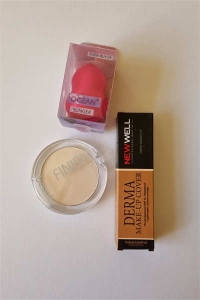 New Well Yoğun Kapatıcı Fondöten - Derma Make Up Cover 02 Bronz 30 ml  Transparan Pudra Sünger Set