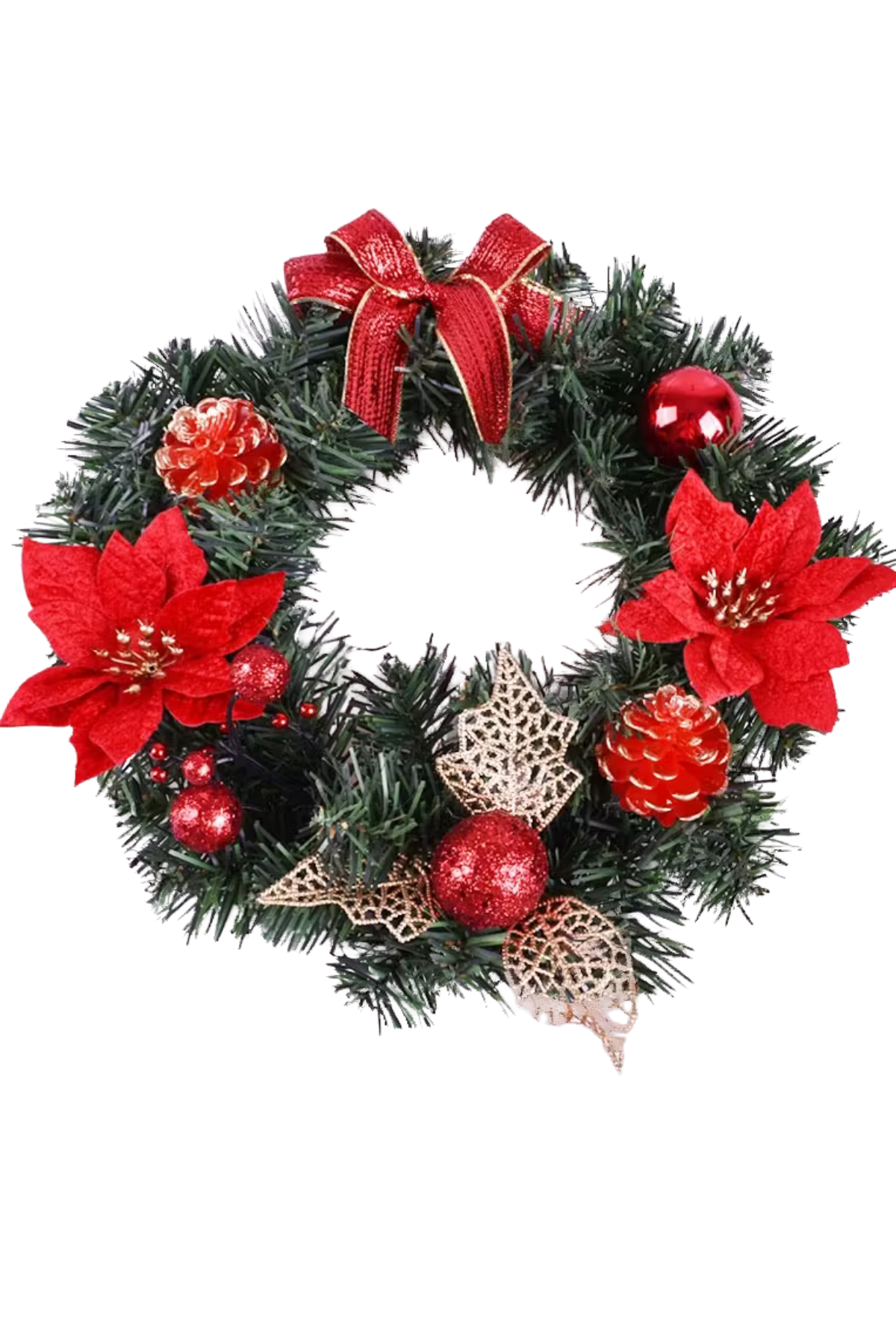 30 cm Kırmızı Altın Noel Kapı Çelengi | Çam Kozalı ve Poinsettia Çiçekli Şömine & Duvar Dekoru