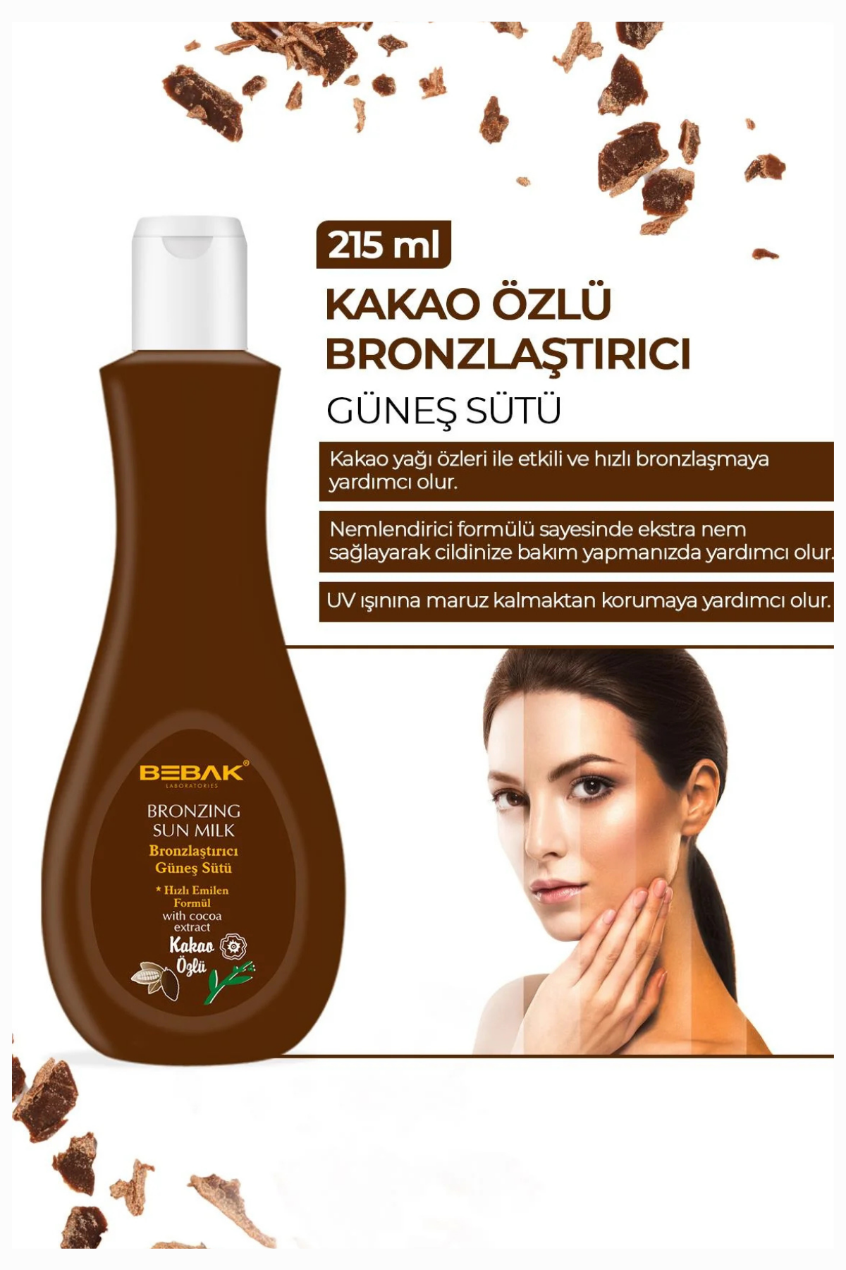 Bebak Kakao Özlü Bronzlaştırıcı Süt – Etkili ve Doğal Bronzluk Sağlayan Vücut Losyonu, 215 ml