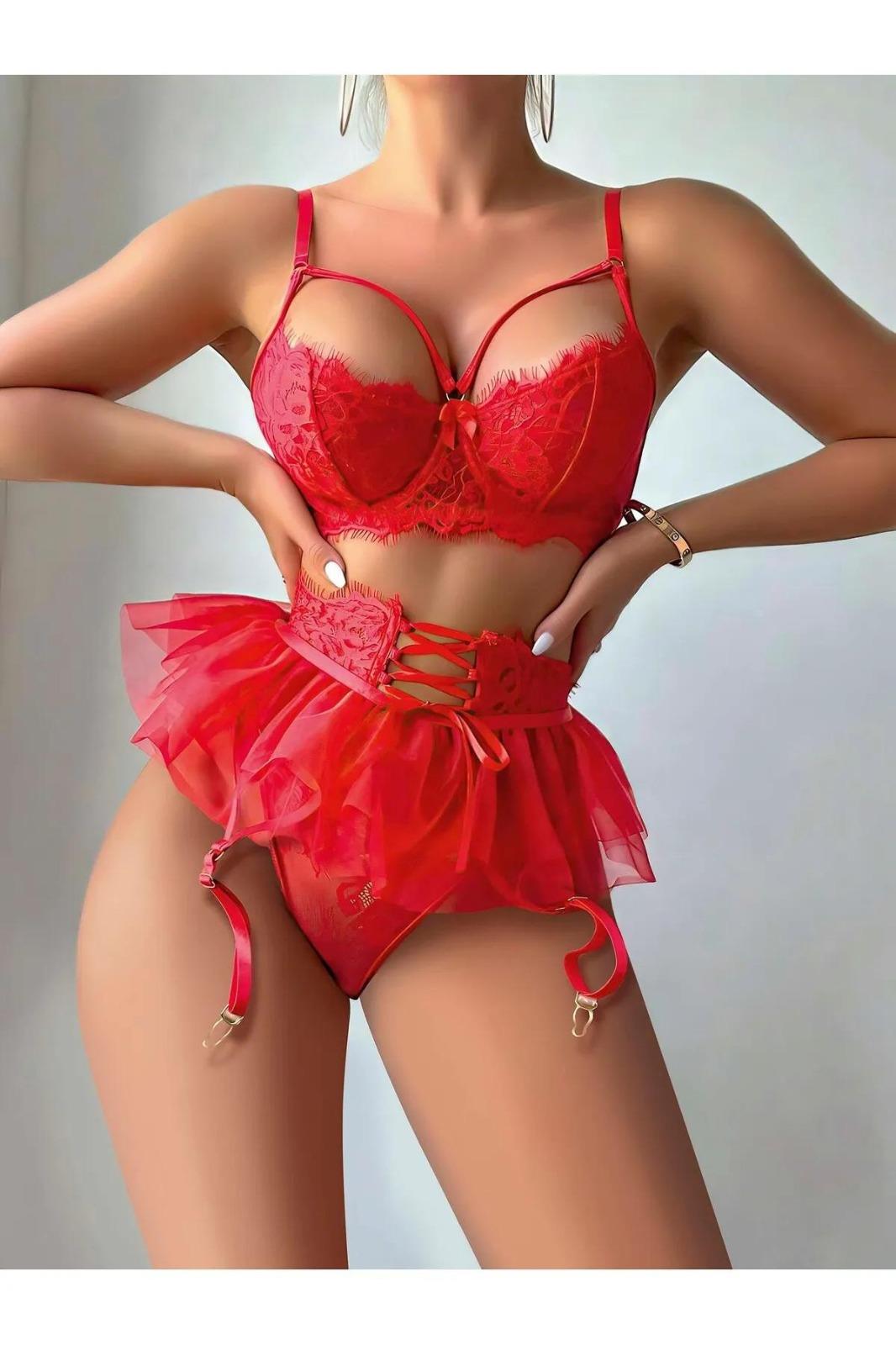 Fantezi Sexy Jartiyer Kostüm, Kırmızı Etekli Fantezi Jartiyer Seti, Dantel Iç Çamaşırı Set