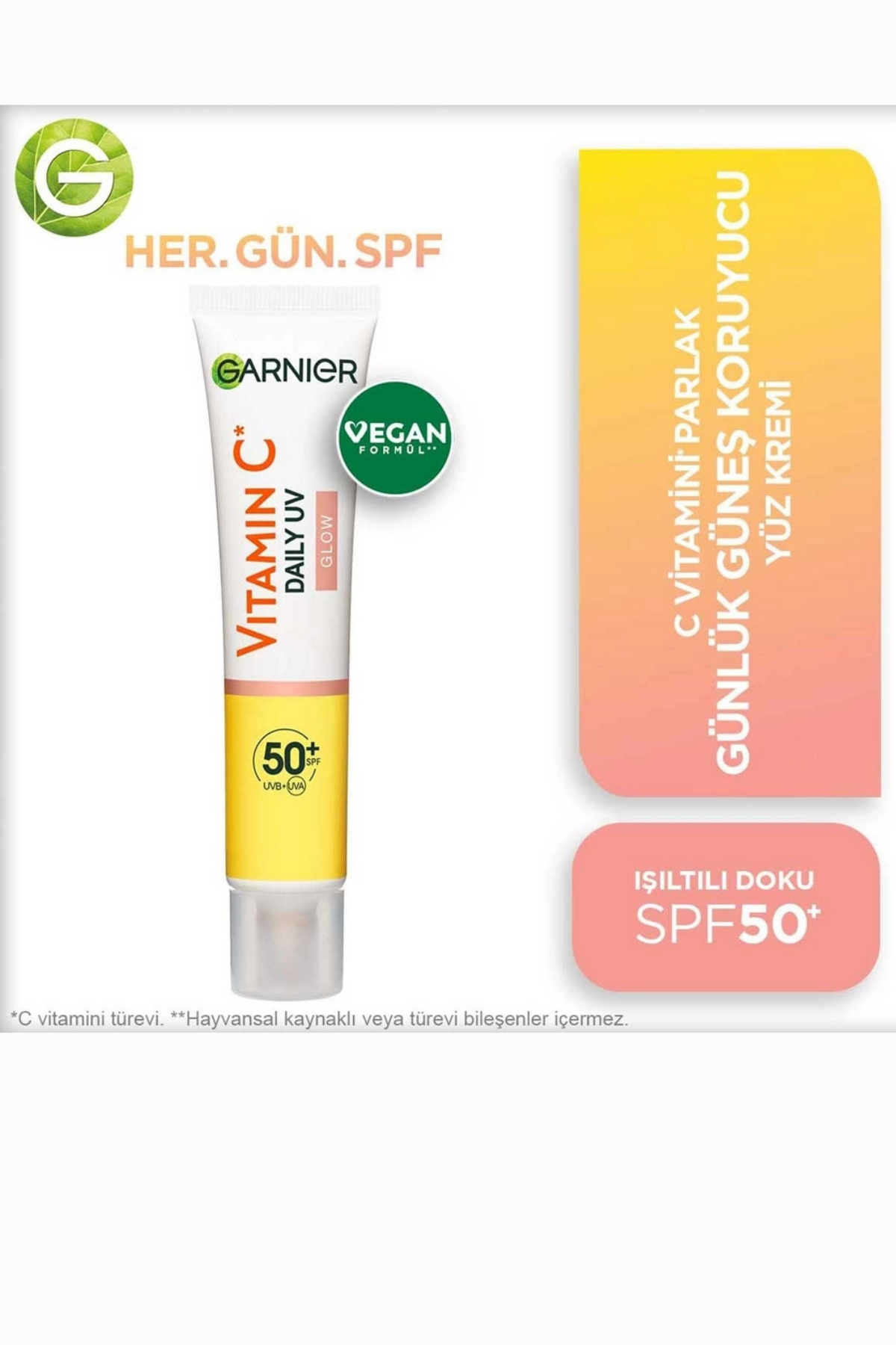 Garnier C Vitamini Parlak Güneş Koruyucu Yüz Kremi SPF50+ – Işıltılı Günlük Fluid Doku, 40 ml
