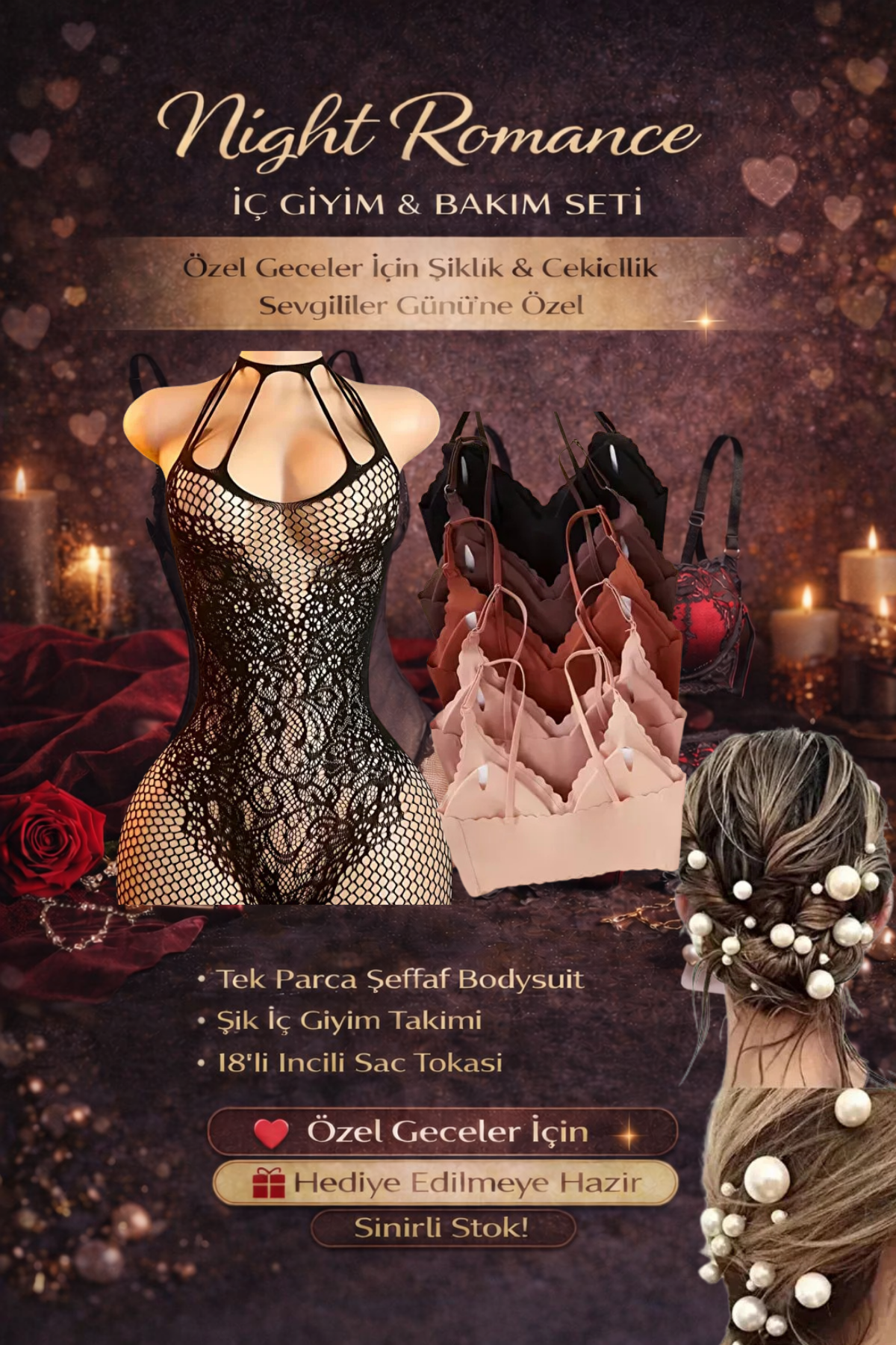Night Romance Sevgililer Günü İç Giyim Seti – Şıklık & Çekicilik (3'lü Set)