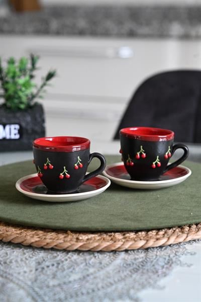 Kiraz İşlemeli İkili Kahve Fincan Seti
