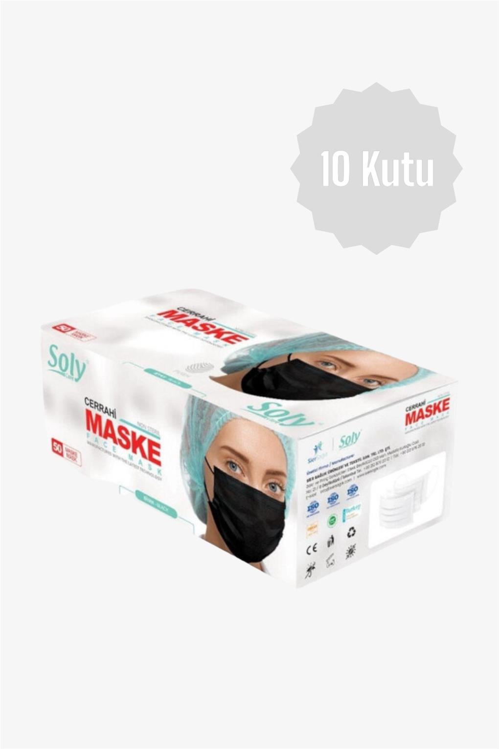 Soly Care 3 Katlı Meltblown Siyah Cerrahi Maske  50'li 10 Kutu
