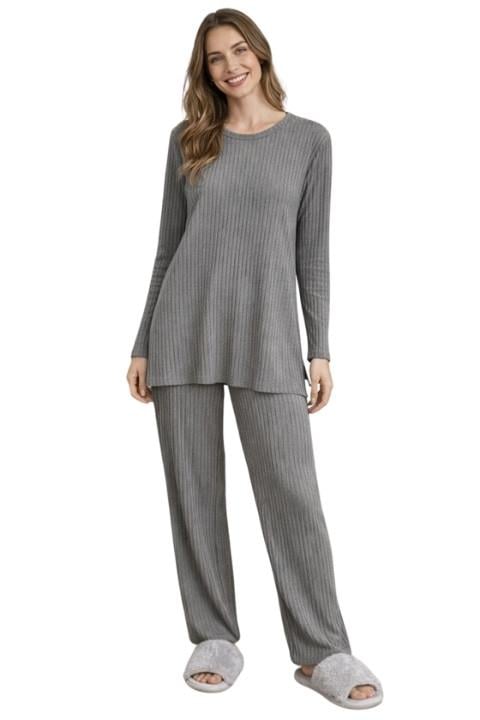 Kadın Fitilli Pijama Takımı - Koyu Gri