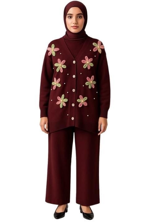 Çiçekli Tunik Takım - Bordo