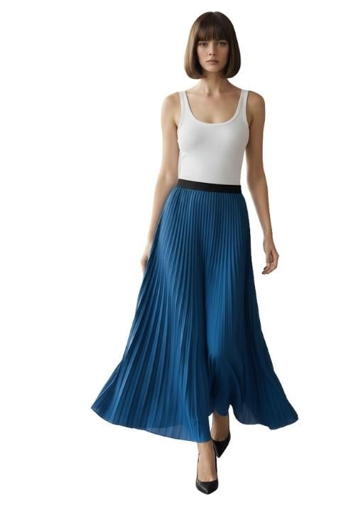 DERİ PİLELİ ETEK-MAVİ