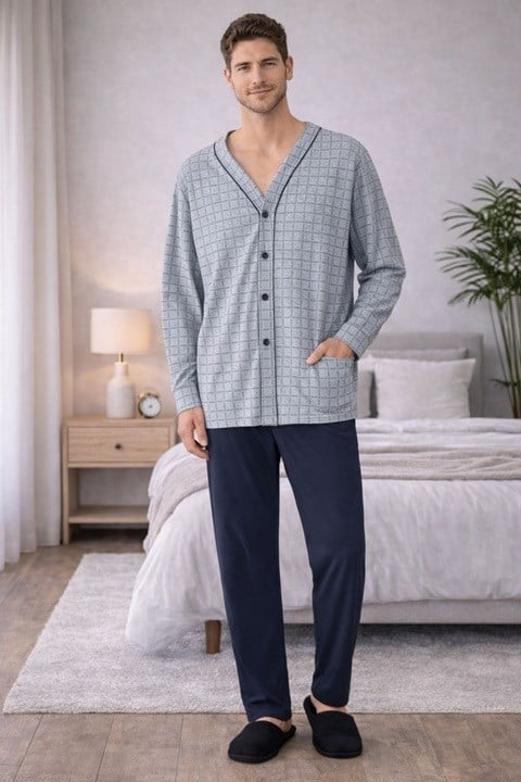 Erkek Uzun Kol Düğmeli Pijama Takımı - Görseldeki Renk