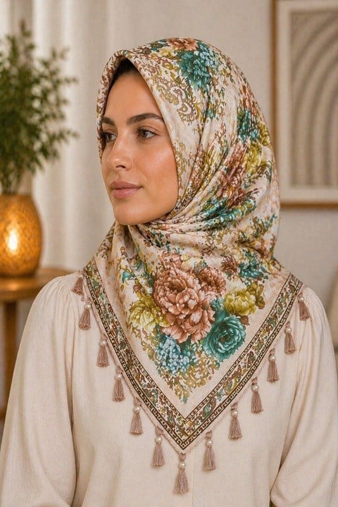 İncili Desenli Yazma Eşarp