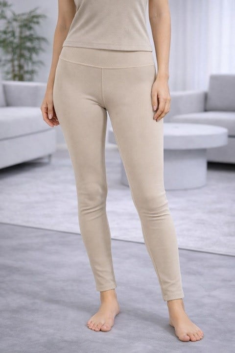 Kadın Battal Fitilli Şardonlu Klasik Tayt - Bej