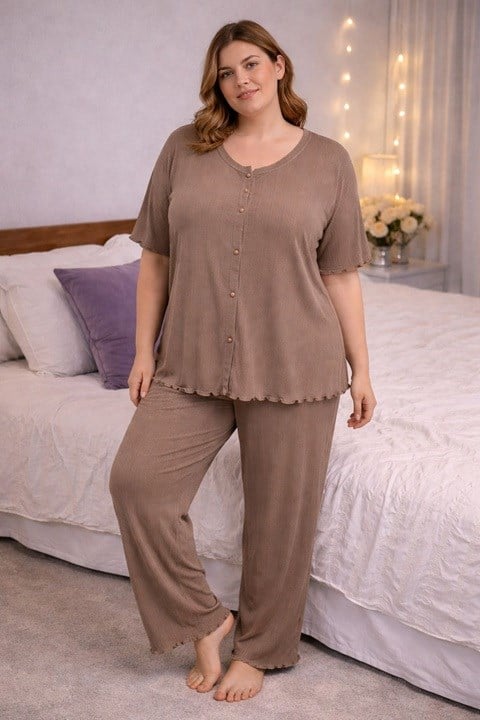 Kadın Fitilli Kısa Kol Düğmeli Pijama Takımı - Kahve Bej