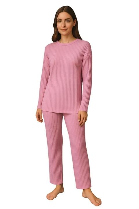 Kadın Fitilli Pijama Takım - Pembe