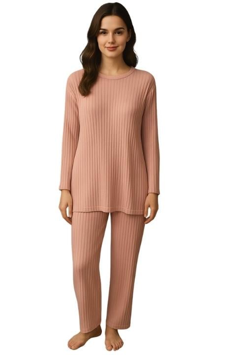 Kadın Fitilli Pijama Takım - Pudra Pembe