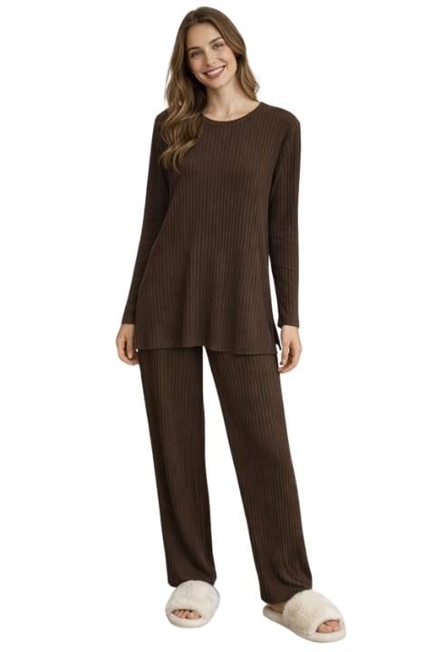 Kadın Fitilli Pijama Takımı - Kahverengi