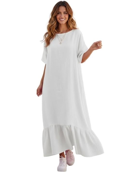 KISA KOL PAMUK KETEN ELBİSE-BEYAZ