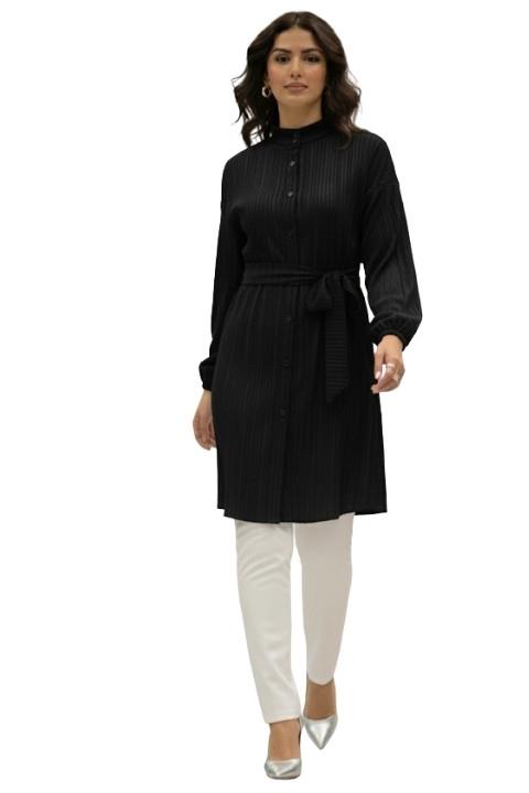 KUŞAKLI KADIN GÖMLEK-SİYAH