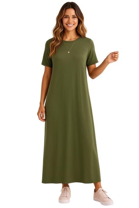 SIFIR YAKA KISA KOL DÜZ PENYE ELBİSE-ASKER YEŞİLİ