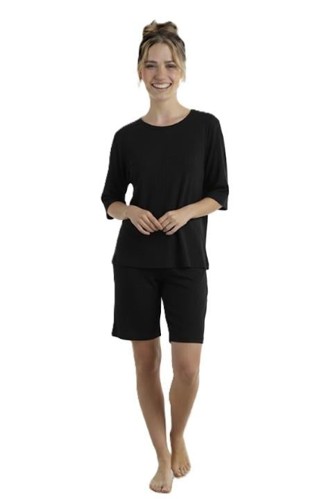 ŞORTLU KISA KOL FİTİLLİ PİJAMA TAKIMI-SİYAH