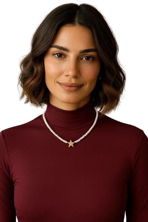 Taçlı Boncuk Kolye - Beyaz