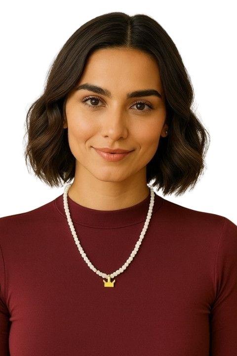 Taçlı Boncuk Kolye - Beyaz