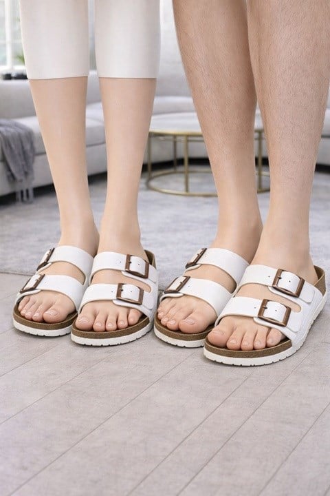Unisex Tokalı Terlik - Beyaz