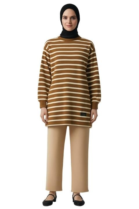 Uzun kol Kadın Tunik -Bej Çizgili