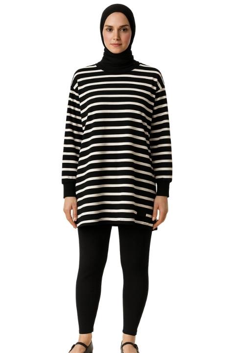 Uzun kol Kadın Tunik -Siyah Beyaz Çizgili