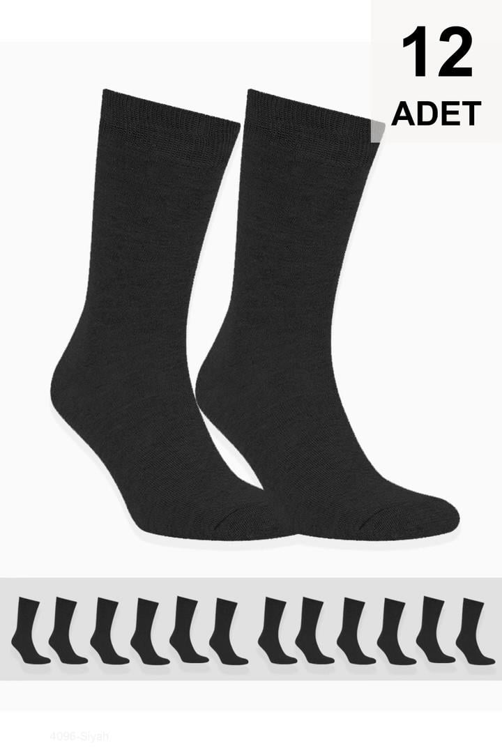 12 Adet Erkek Düz Soket Çorap - Siyah