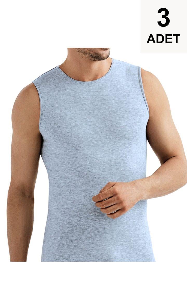 3 Adet Sıfır Kol Bisiklet Yaka Erkek Atlet - Gri