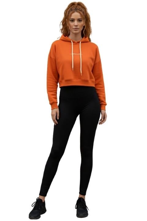 3 İPLİK KAPÜŞONLU KADIN CROP-TURUNCU